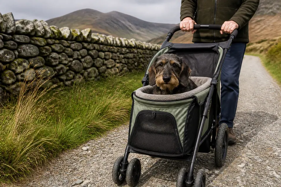 An older dog travelling in a buggy on a Lake District path