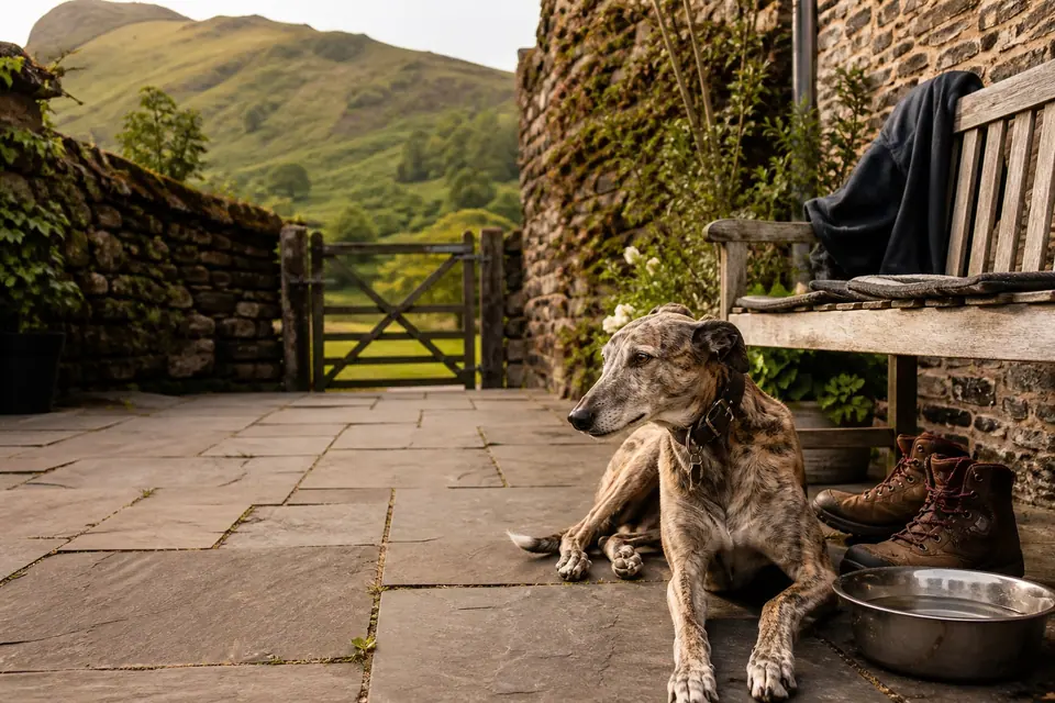 A Greyhound relaxing at a dog-friendly Lake District inn