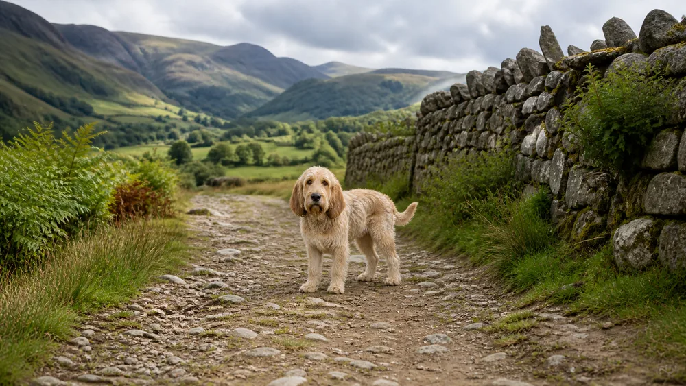 A light-coated Otterhound on a Lake District path overlooking the fells