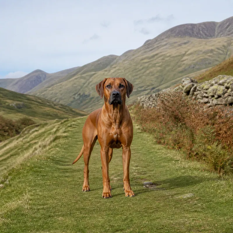 A reddish-wheaten Rhodesian Ridgeback standing on a grassy Lake District path, with green fells and a dry-stone wall behind